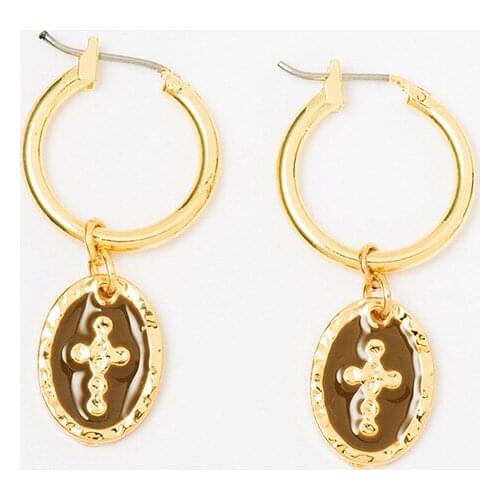 WTLTC Femme Gold Color Disc Cross Hoop Earrings Geometric Oval Coin Hoops Earrings Simple Drop Small Pendant Earrings Jewelry