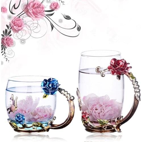 Vintage Rose Glass Elegant Luxury Cup Mug Flower Tea Glass Wine Cups For Hot And Cold Drinks Perfect Gifts For Friend