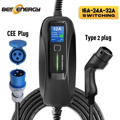 Type 2 EV Charger Level 2 32 Amp Portable Electric Vehicle Charger CEE Plug 220V-240V EVSE Car Charging Cable, IEC 62196-2