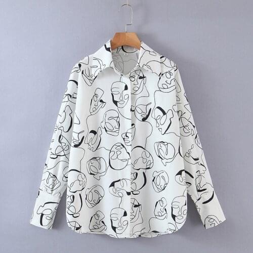 Newest design ladies white shirt long sleeve lapel shirt character pattern printed blouse street clothing