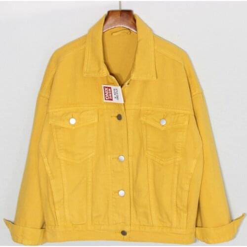 High Quality Yellow Denim Jacket Women Oversize With Lapel Pocket Loose Female Jeans Jacket Spring Autumn Long Sleeve Women Coat