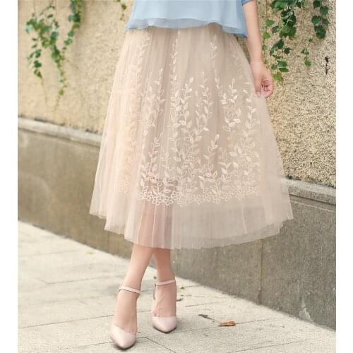 Shanghai Story Womens Tulle Plain Pleated Skirt Midi Skirt One Size Three-dimensional Embroidery Mesh Yarn Skirt