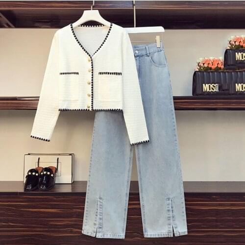 Shirt Womens V-Neck Sweater Top Jeans Two-Piece Suit Fall New Korean Stitching Arrival Cardigan All-Match Casual Daily s1015
