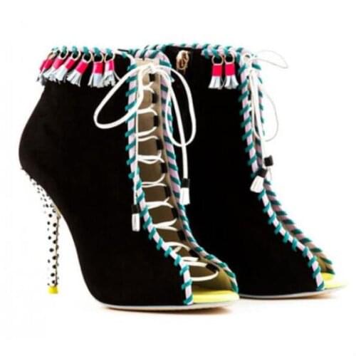 Name Hot Sale Fringe Women Ankle Bootie Peep toe Lace-up High Heel Sandal Stiletto Heel Tassel Pumps Real Photo Free Ship