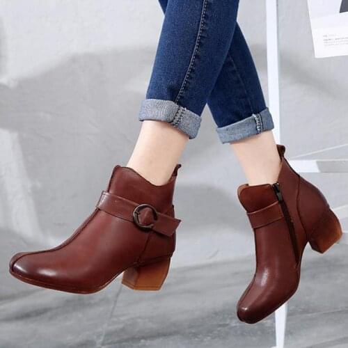 Johnature Genuine Leather Retro Women Shoes Platform Boots 2020 New Winter Round Toe Buckle Zip Hoof Heels Handmade Ankle Boots