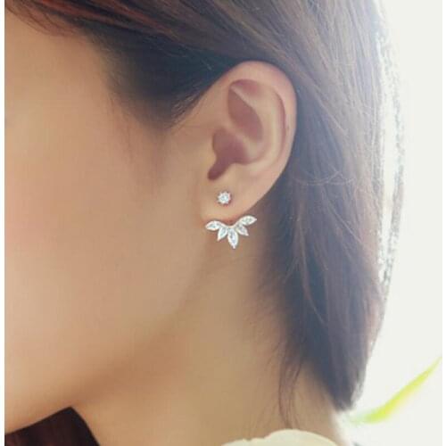 Leaf Crystals Stud Earrings for Women Silver color Double Sided Fashion Jewelry Earrings female Ear Jacket Earrings For Women
