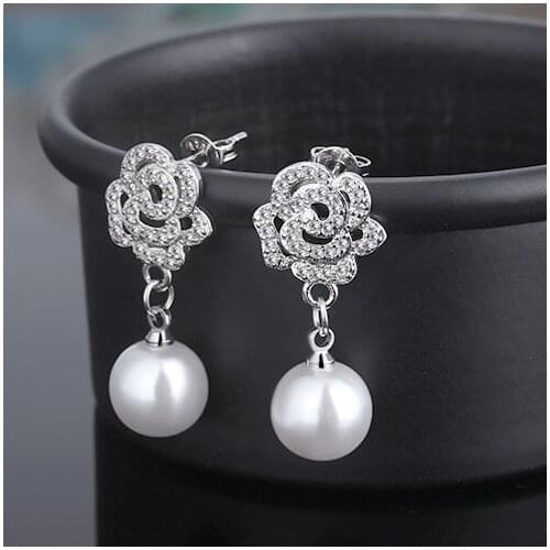 Brand Fashion Jewelry Flower Design Silver CZ Crystal Pearl Dangle Earrings For Women Wedding Engagement Accessories Gift