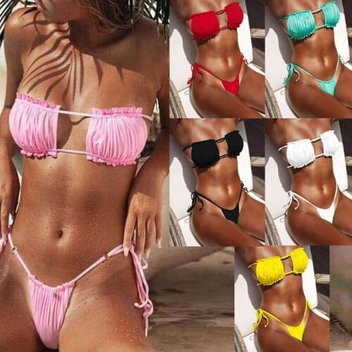 Women Sexy 2pcs Bikini Set Ruched Strapless Hollow Out Bandeau Swimsuit Side Tie Low Waist Solid Color Bathing Suit E56D