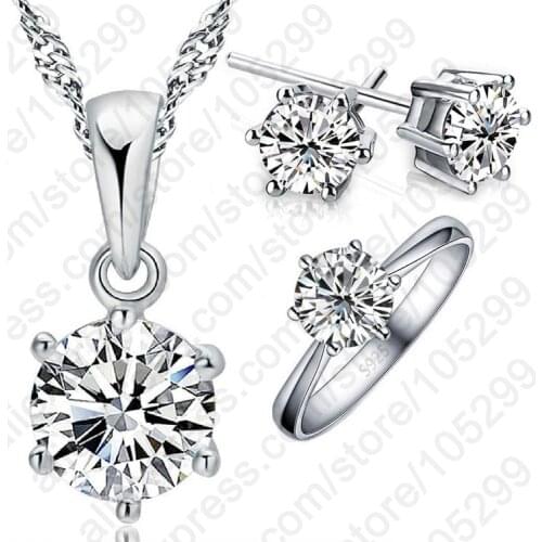 Woman Wedding Jewelry Set Fashion 925 Sterling Silver Crystal Necklace Ring Earring Sets 3 pcs/set