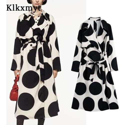 Klkxmyt Za Women Trench Coat 2021 Fashion Wave Point Print Windbreaker Long Jacket Ladies Vintage With Belt Women Autumn Coat