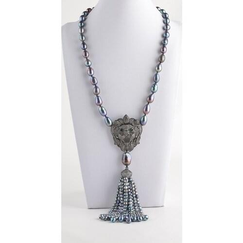 Womens 23" Black Pearl Necklace Lion CZ Pave Pendant