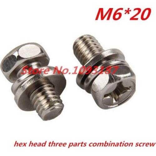 100pcs Steel With Nickel M6*20 Hex head three parts combination machine screws