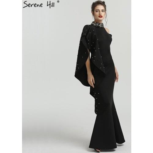 Black High Neck Mermaid Prom Dresses 2020 Elegant Pearls Sleeveless Long Formal Dress Serene Hill DQA8024