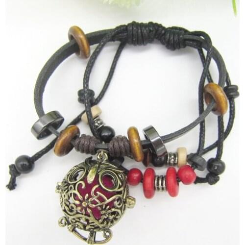 Retro Style Black Cords with Multi Wood Beads and DIY Locket Owl Charm Girls`s Aromatherapy Oil Diffuser Bracelet