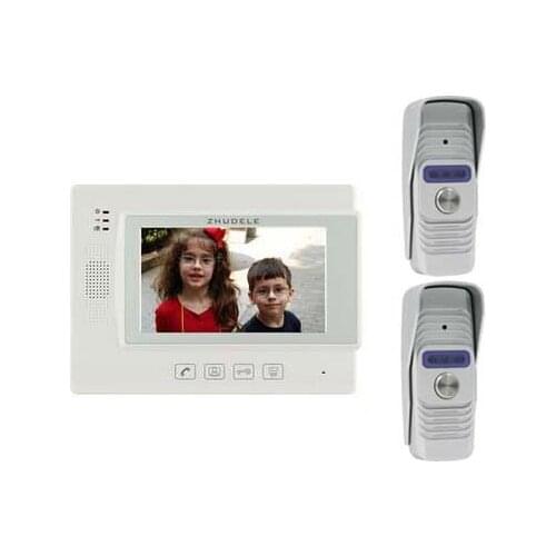 ZHUDELE Home Security Intercom Audio Doorbell for 2 Doors 7" Video Door Phone Doorbell 700TVL IR Camera w/t Waterproof Cover 2V1