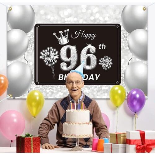 Happy 96th Birthday Backdrop Banner - 96 Birthday Party Decorations Supplies for Men Women - Silver