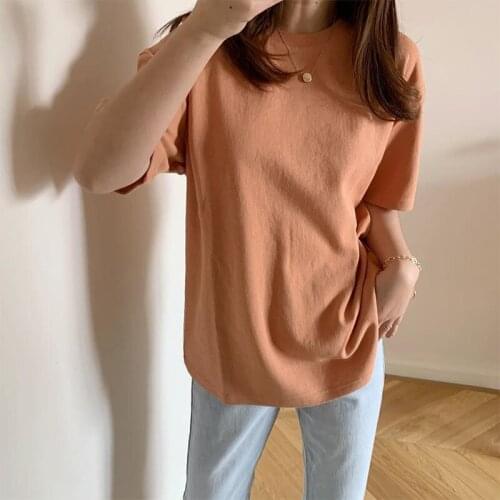 Basic Cotton T Shirt Women Summer New Oversized Solid Tees 7 Color Casual Loose Tshirt Korean O Neck Female Tops