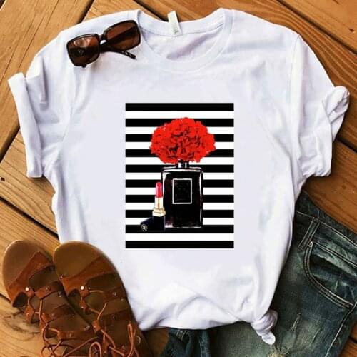 Perfume Floral Stripe Print Womens T-shirt Summer Shirt Ladies Luxury Brand Harajuku Streetwear T-shirt Top Womens T-shirt