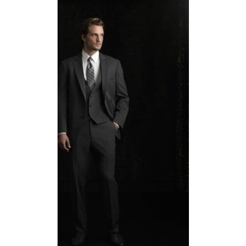 Custom Made Mens Suits Groomsmen Notch Lapel Groom Tuxedos Dark Grey Wedding Best Man Suit (Jacket+Pants+Tie+Vest) A17