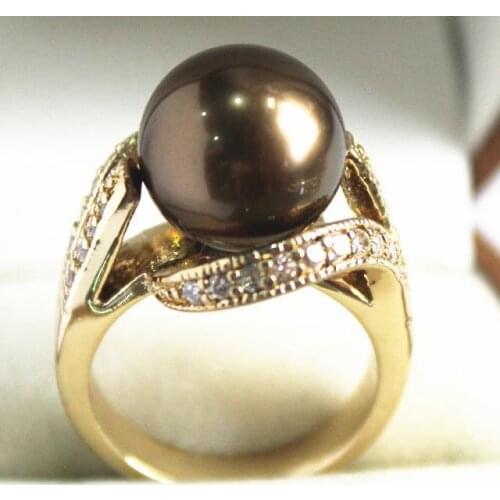 Beautiful new jewelry 18KGP with crystal decorated &12mm brown shell pearl ring(#7.8.9)