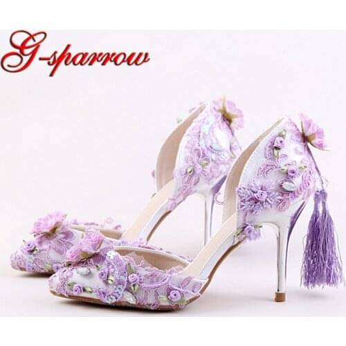 2018 Purple Red Pink Color Beautiful Wedding Shoes Delicate Paillette High Heels Tassel Decoration Party Prom Pumps Pointed Toe