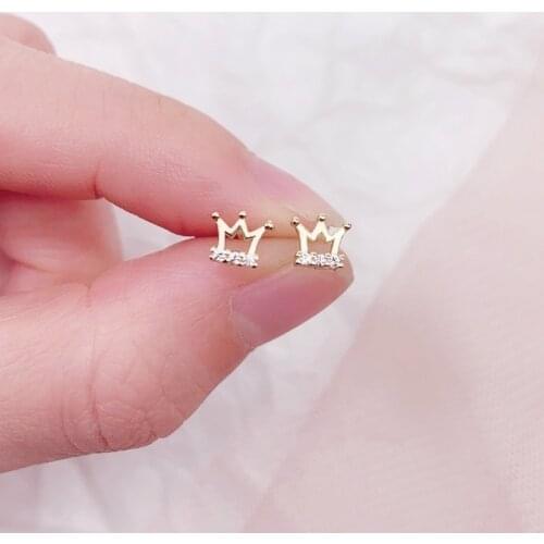 Tiny Delicate 925 Sterling Silver Earrings Crystal Crown Stud Earrings Womens Earrings