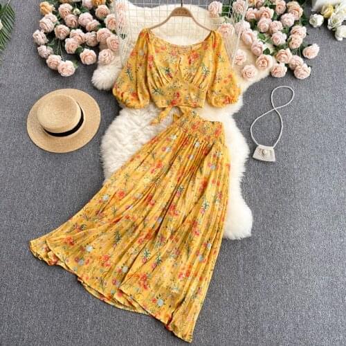 Summer Womens Outfit Ladies Skirt Set Elegant Floral Chiffon Top High Waist Pleated Skirt Two-Piece Set