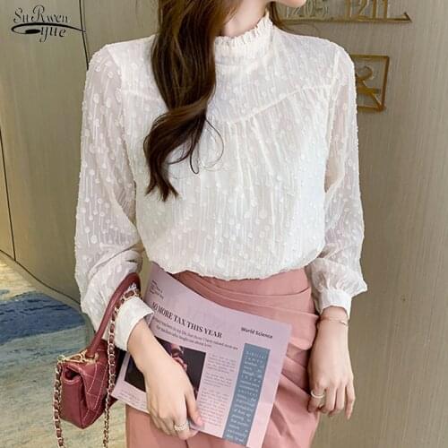 Sweet Stand-up Collar Lantern Sleeve Shirt Polka Dot Chiffon Shirt Female Light Mature Elegant Long-sleeved Blouse Woman 16268