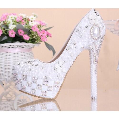 Fashion Rhinestone Super High Heel Bridal Dress Shoes White Flower Pearl Crystal Wedding Shoes Round Toe Wedding Ceremony Pumps