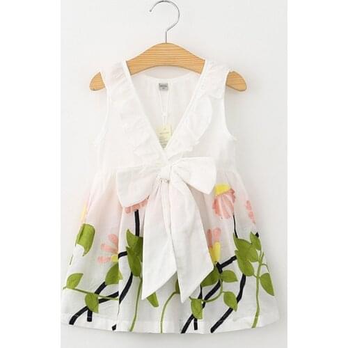 2020 New Summer Girls' Dress Korean Fresh Big Bow V-neck Embroidered Leak-back Dress Cute Childrens Baby Kids Girls Clothing