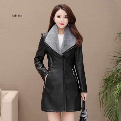 Autumn Winter Women PU Leather Jacket Mid-Long Thickening Black Jacket Faux Fur-neck Warm Coat Motorcycle Outwear Overcoat