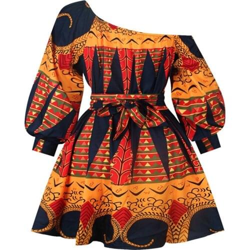 Sexy Oblique Shoulder Mini Dress Women African Clothes 2021 Summer African Dashiki Print Party Dress Women Traditional Costume