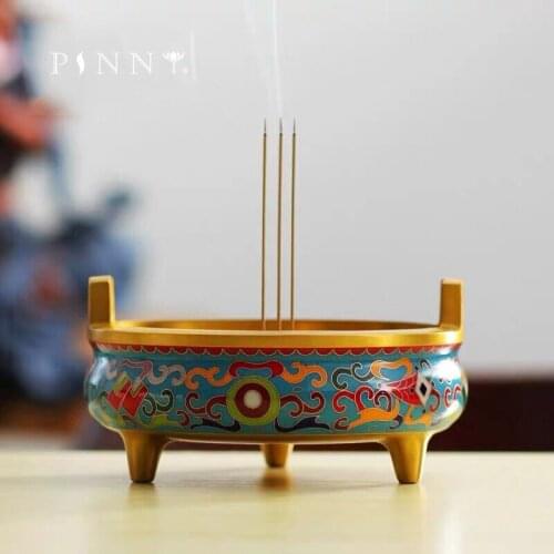 PINNY Cloisonne Brass Incense Burner XUAN DE Stick Incense Base Metal Enamel Censer Buddha Decor Home Decoration Accessories
