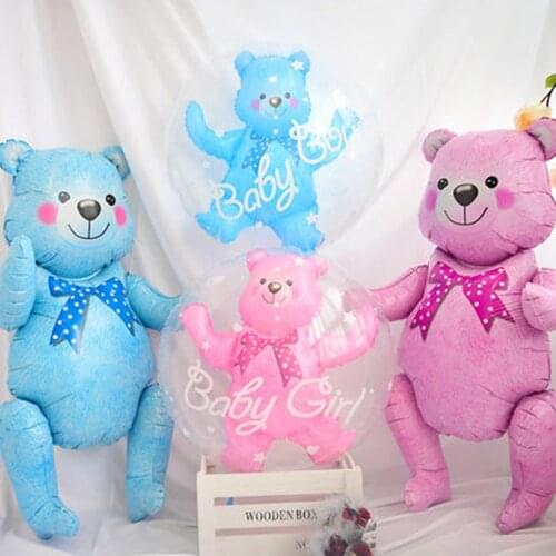 24inch Baby Girl Blue Pink Bubble Ball in Ball Bear Balloon Boy 4D Bear Foil Balloons Birthday Baby Shower Decorations Kids Toys