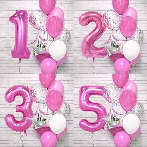 12Pcs Pink Number Foil Latex Balloons for Kids Birthday Party Decoration 1st One Year Birthday Girl Decor Baby Shower Balloon