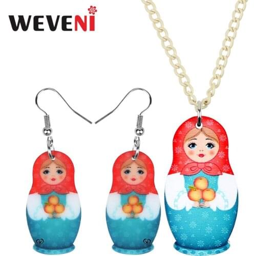 WEVENI Acrylic Sweet Russian Doll Necklace Earrings Jewelry Sets Classical Festival Figure Decorations Girls Teens Charms Gift