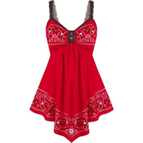 Summer Women Tanks Top Camisole Paisley Floral Print Shoulder Straps V Neck Sleeveless Irregular Hem Blouse Vest