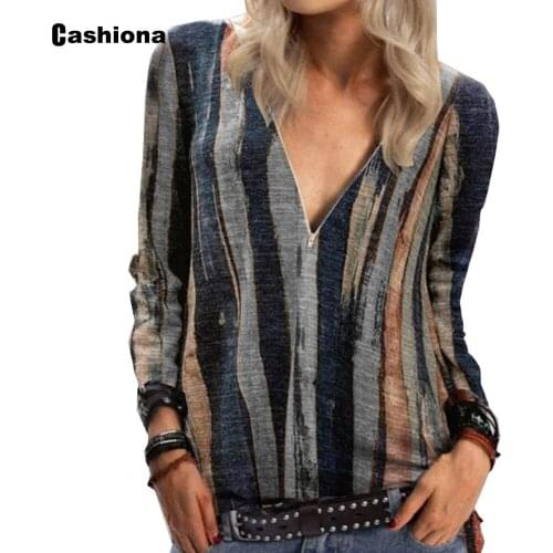 Plus size Womens Top Elegant Leisure Casual Tshirt Long Sleeve Patchwork Zipper Stripe Print Femme 2020 Autumn Loose Tees shirt