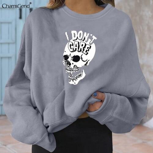 I Don't Care Skull Print Sweatshirts 2021 New Women Long Sleeve Oversized Hoodie Sweatshirt Ladies Streetwear Slouch Pullover