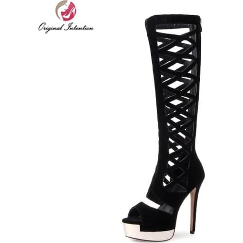 Original Intention Sexy Gladiator Womens Black Long Sandals High Heels Platform Open Toe Sandalia Feminina Summer Boot Shoes