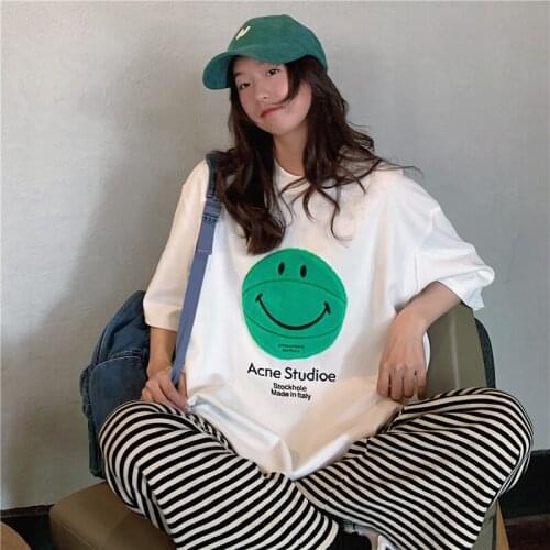 Womens T-shirts Tops Japanese Kawaii Ladies Ulzzang Casual Loose Smile Print Tshirt Female Korean Harajuku Clothes For Women