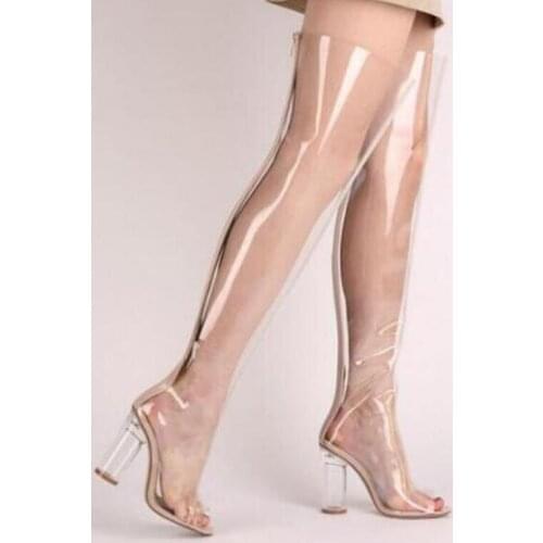 Lady Peep toe Diaphanous PVC Thigh High Boots Transparent Hoof High Heels Over the Knee Sandals Botas Lucency Long Boots