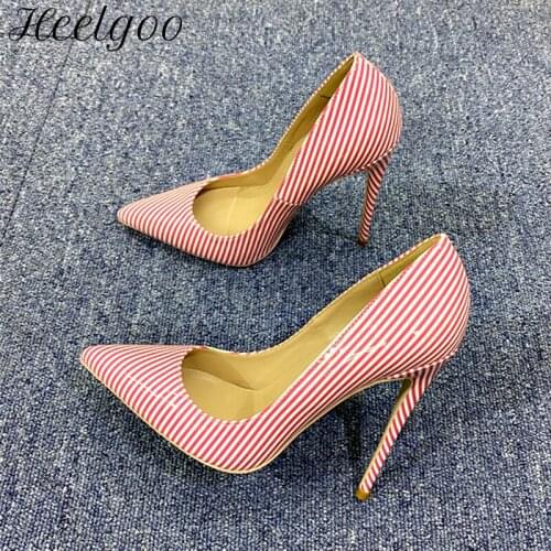 Heelgoo Red Striped Printed Women Pointy Toe High Heel Formal Dress Shoes Ladies Slip On Stilettpo Pumps Big Size 33-45