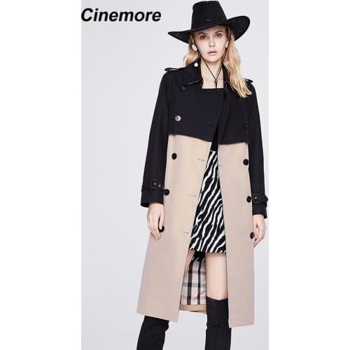 Cinemore NEW 2021 Womens windbreaker Double Breasted long Trench with Belt Black stitching Vintage Loose Overcoat female 92298