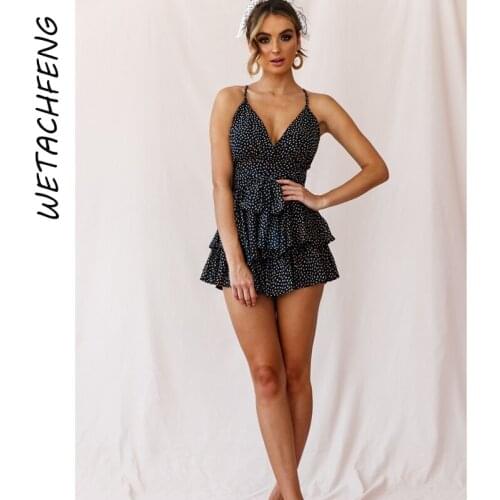 Sexy Black Womens Jumpsuits Deep V Neck Sling Backless Summer Rompers Beach Ruffles Overalls Shorts Elegant Playsuits Clothing