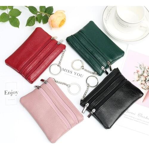 Women Double Zipper Wallet Solid Color Mini Coin Purse Keychain Pu Leather Change Purse Minimalist Money Pouch