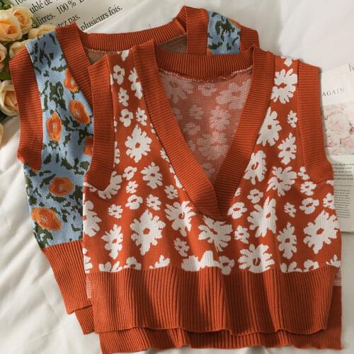 Chalecos Para Mujer Autumn Vintage Jacquard V Neck Irregular Sweater Vest Sleeveless Flower Knitted Top Fashion Print Sexy