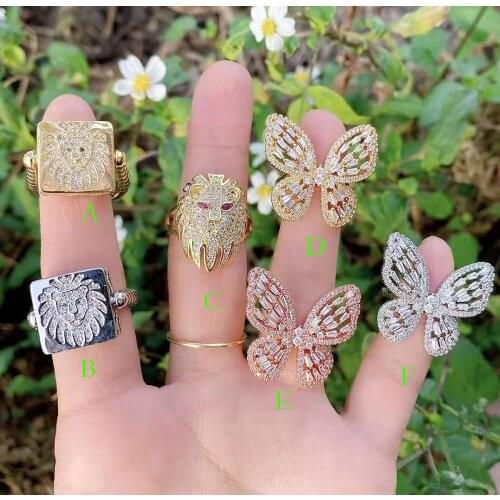 2Pcs Crystal Butterfly/lion Rings For Women Adjustable Cuff Open Ring Cubic Zirconia Jewelry Gifts