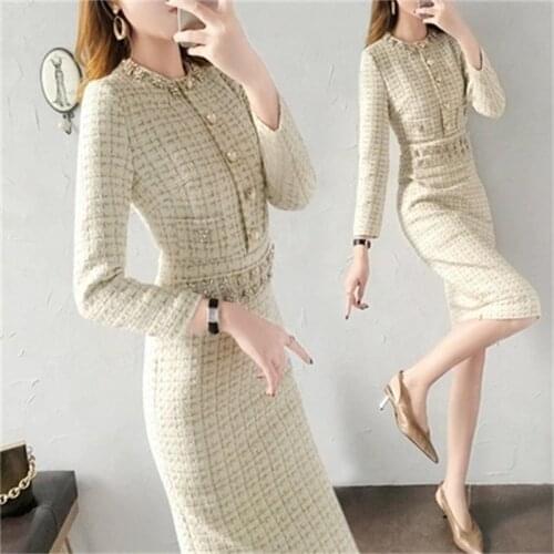 Fashion Dress womens Autumn/spring New High-end woolen French temperament small fragrance bottoming dress women