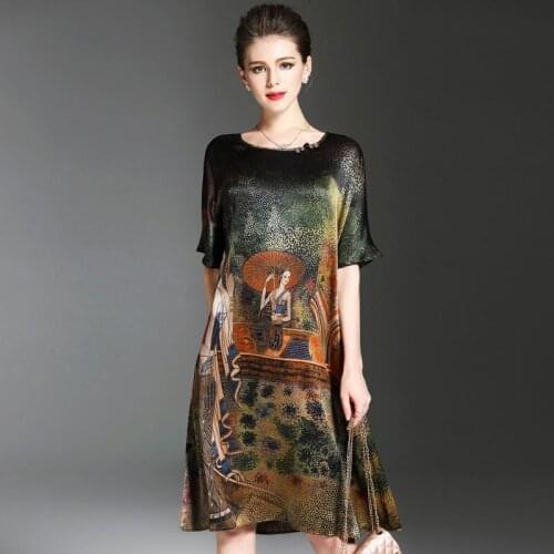 Vintage Ethnic Painting Design Dress Women Summer O-Neck Half Sleeve Soft Silk Dresses Elegant Woman Brand Vestidos Plus Size